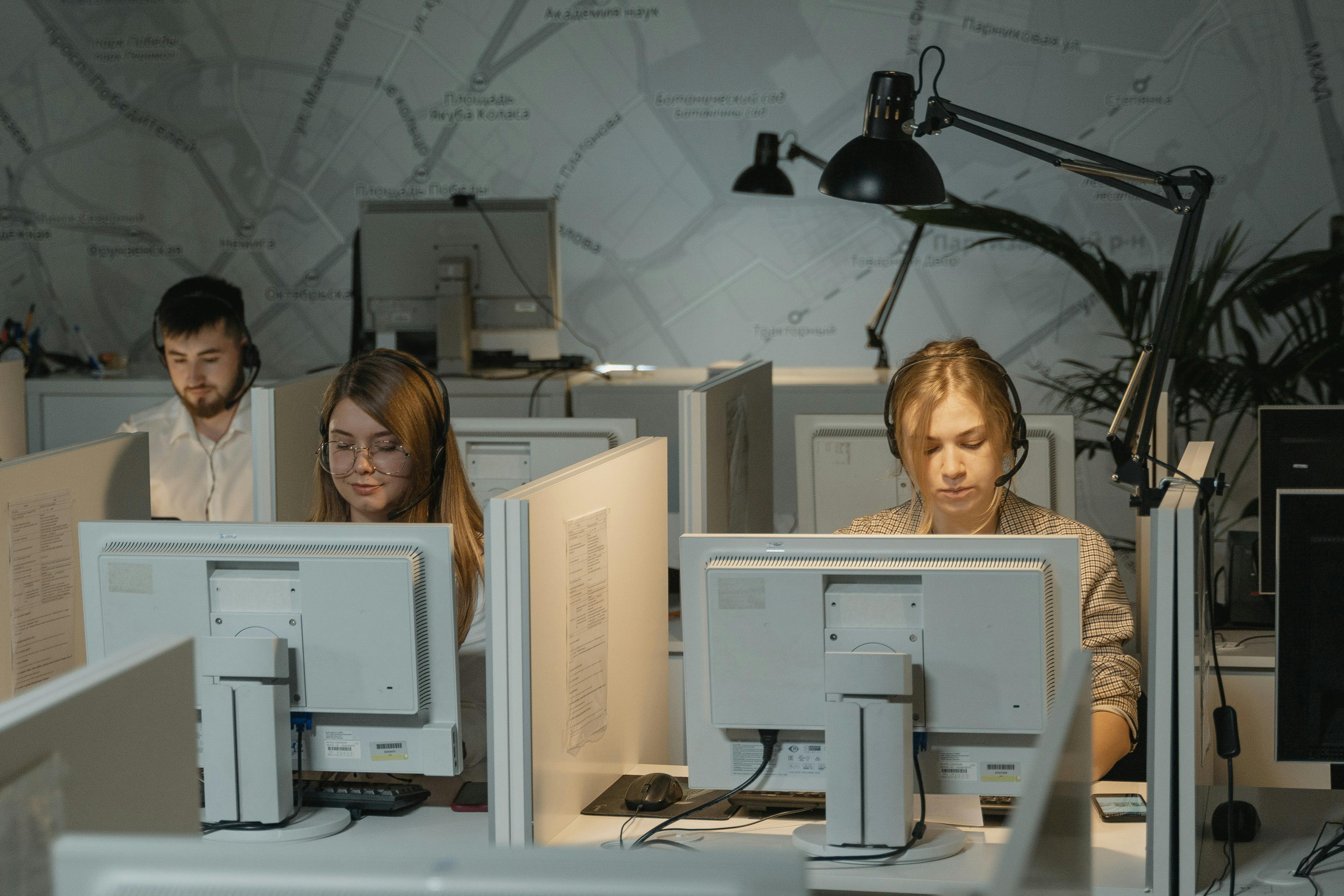 Call center agents working a night shift